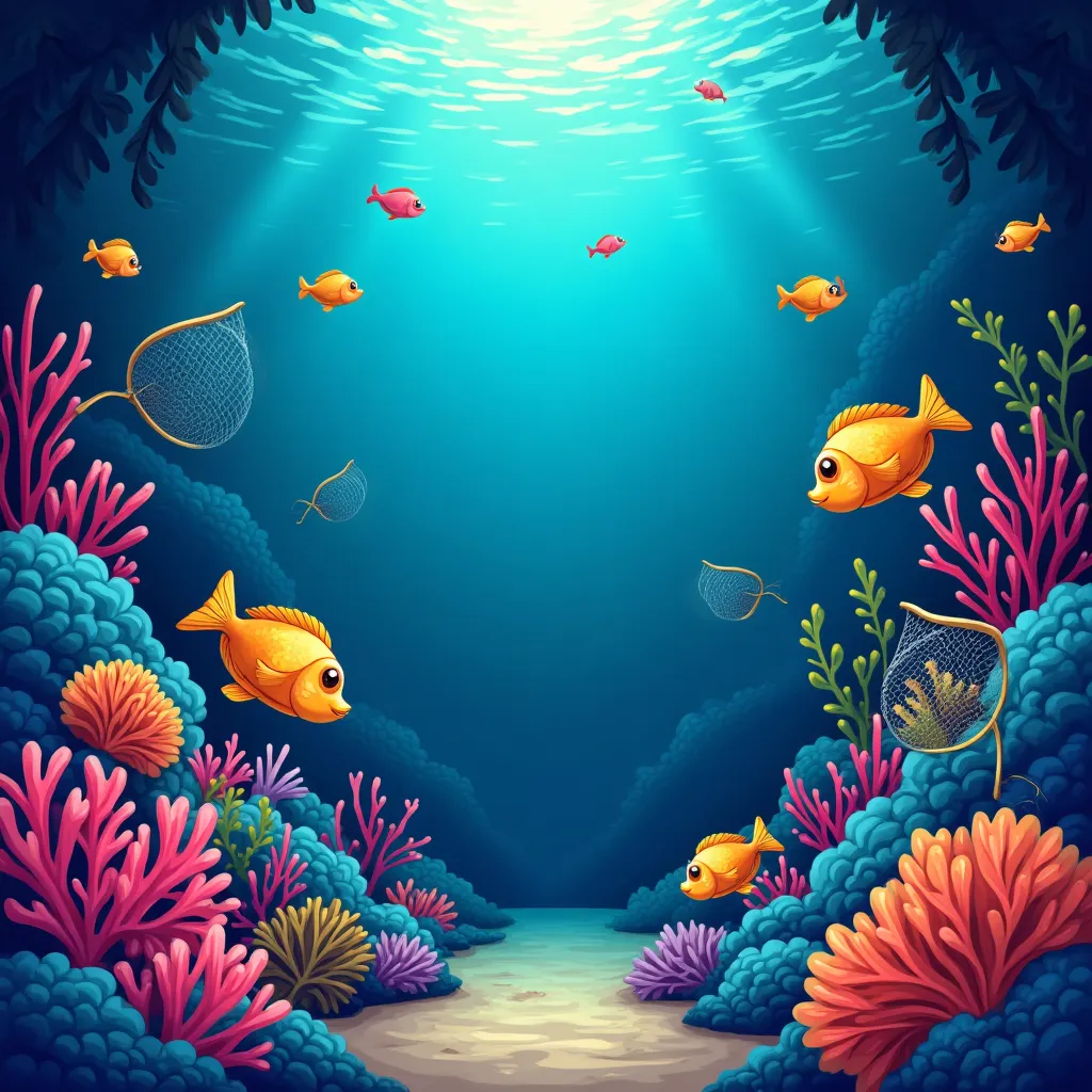 Cartoon underwater fish shooting arcade scene with neon sea creatures
