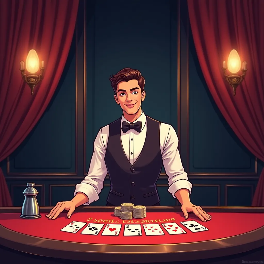 Cartoon live dealer studio with neon roulette table